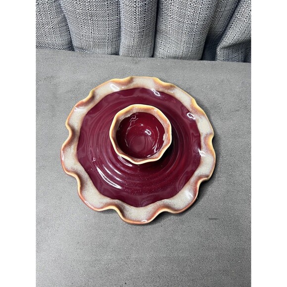 Tumbleweed Pottery Chip Dip Red Bowl Cocktail Veggie Ruffled Edge USA - Picture 1 of 9
